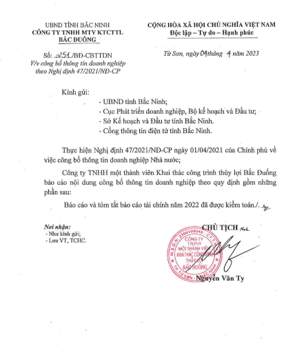 Công bố thông tin doanh nghiệp theo Nghị định 47/2021/NĐ-CP (Ngày 4/4/2023)